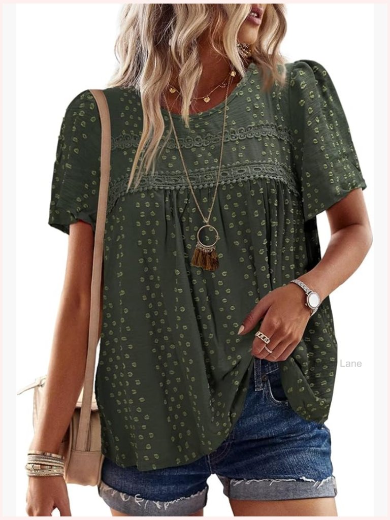 Crewneck Short Sleeve Blouse Flowy Lace Hem Boho Tunic Top